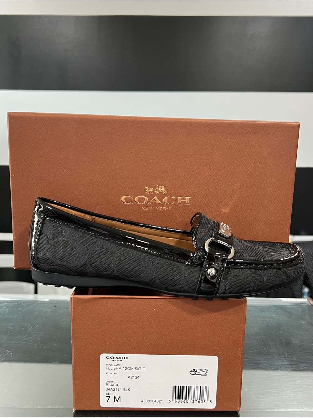 COACH Felisha Black Signature Jacquard Patent Trim Loafers